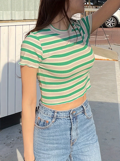 Women's Ribbed Striped Short Sleeve Round Neck Striped T-Shirt