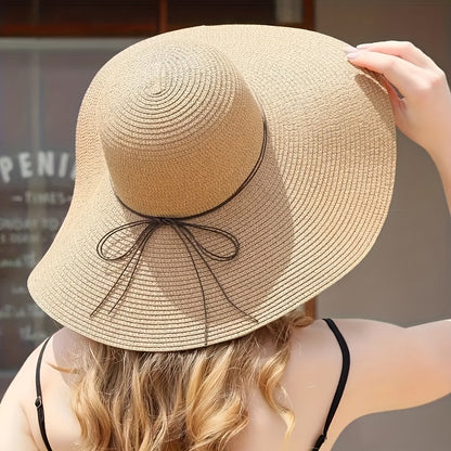 Women’s Wide Brim Straw Sun Hat with Bowknot for Summer