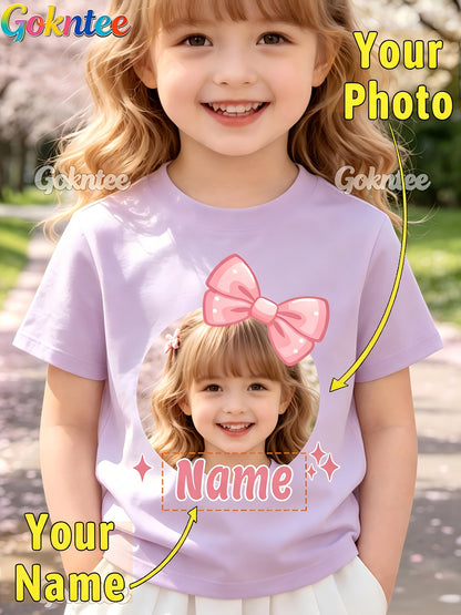 Girls' Personalized Cartoon T-Shirt with Pink Bow, Crew Neck