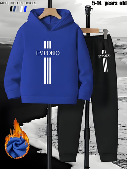Boys' 2pcs Hoodie and Sweatpants Set with EMPORIO Print, Polyester Material, Comfortable Fit for Autumn/Winter Wear, Perfect for Daily Use and Outdoor Activities | Back-to-School Gift | Ideal for Home Sports | Essential for R