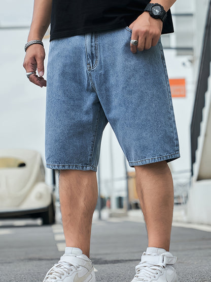 Men's Solid Cotton Blend Loose Fit Denim Jorts, Chic Street Style Summer Bottoms For Men
