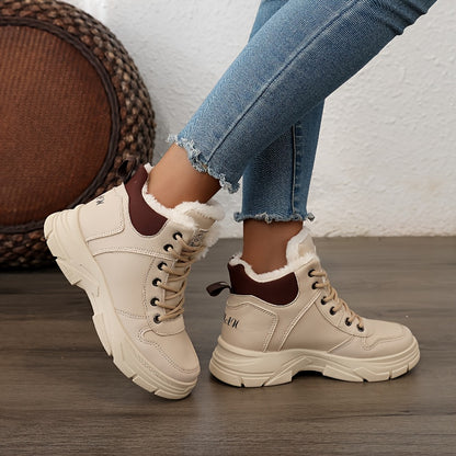Women's Insulated Winter Boots with Plush Collar & Thick Sole - White Faux Cover Round-Toe Lace-Up Ankle Boots, Cushioned Insole & Arch Support, Warm TPU Outsole for Cold Weather, Casual to Semi-Formal Outfits