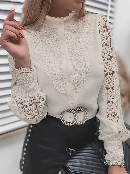 Solid Contrast Lace Blouse, Elegant Mandarin Collar Long Sleeve Blouse, Women's Clothing