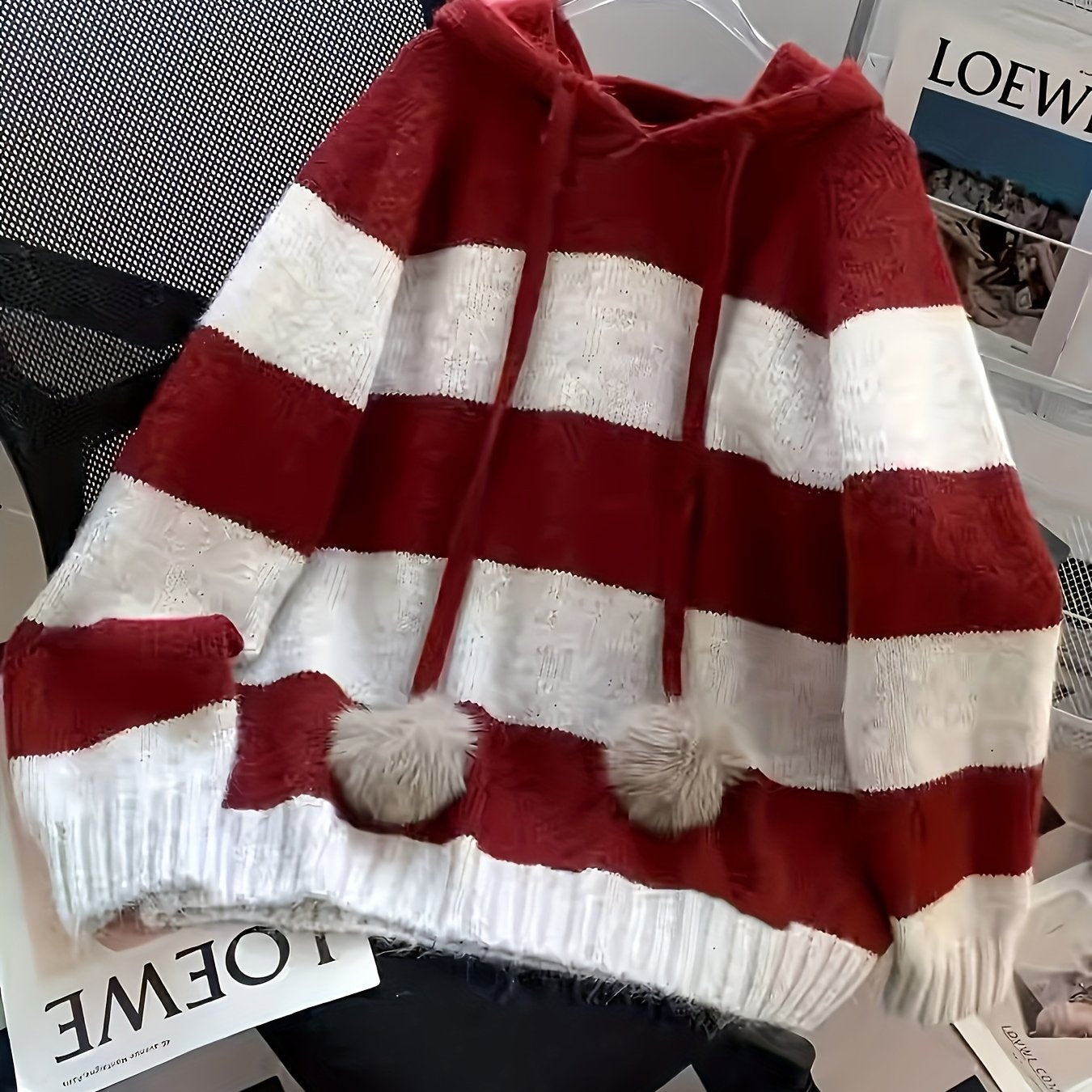 Women's Burgundy & Striped Hooded Sweater - Winter Warm Korean-Style Oversized Sweater Vest-like Pullover with Hood, Soft Sweater Jacket for Fall/Winter Layering (Machine Washable) - Elegant Casual Outerwear