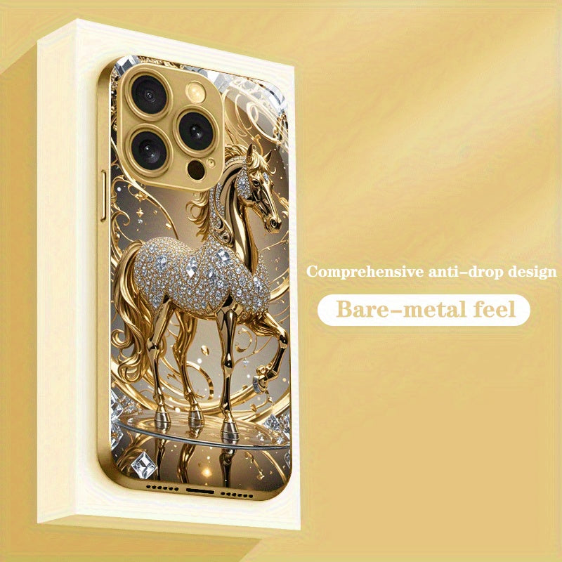 Premium Golden Horse Pattern Gift for 4 Seasons Tempered Glass Phone Case for Iphone 16/16 Pro/16Plus/16Pro Max/15/15 Pro/15 Pro Max/14/14Pro/14 PLUS/14 Pro Max/13/13 Pro/13 Pro Max/13 Mini/12/11 /XR/XS/X/7/8PLUS Mobile Phone
