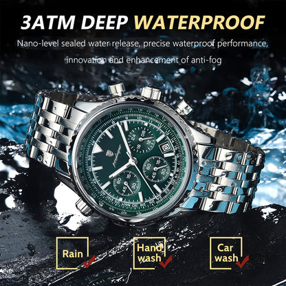 POEDAGAR Men's Luxury Stainless Steel Watch, Chronograph, Calendar, Date Display, Green Dial with Black Bezel & Roman Numerals, Quartz Movement, Casual to Business Style, Suitable for Women