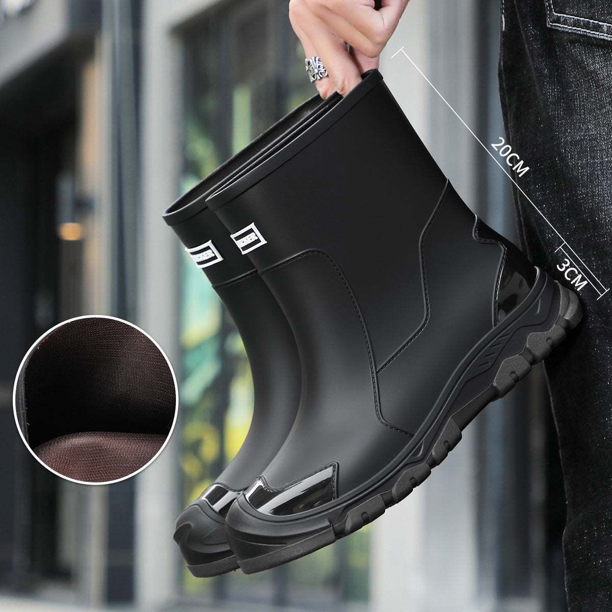 Unisex Mid-Calf Rubber Rain Boots with Drawstring Closure