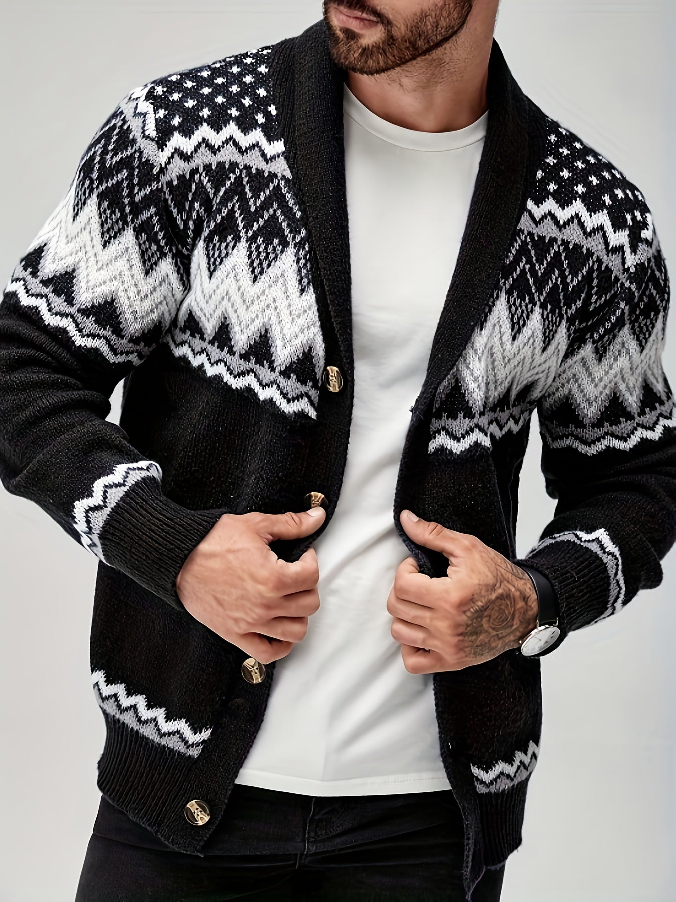 Men's Casual Geometric Pattern Cardigan Sweater - Navy Blue with White and Black Accents, Button-Up Collar, Machine Washable, Polyester for Fall/Winter