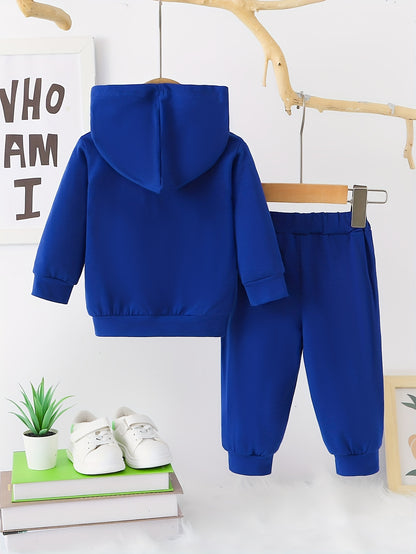 2 հատ Baby Boy's Casual Fashion Outfit Hooded KING Print երկարաթև մարզաշապիկ + շալվար բացօթյա հավաքածու