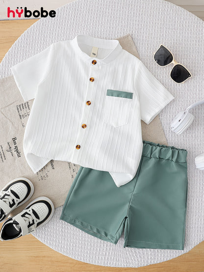Boys' Summer Casual Shirt & Woven Shorts Set - Lightweight Polyester