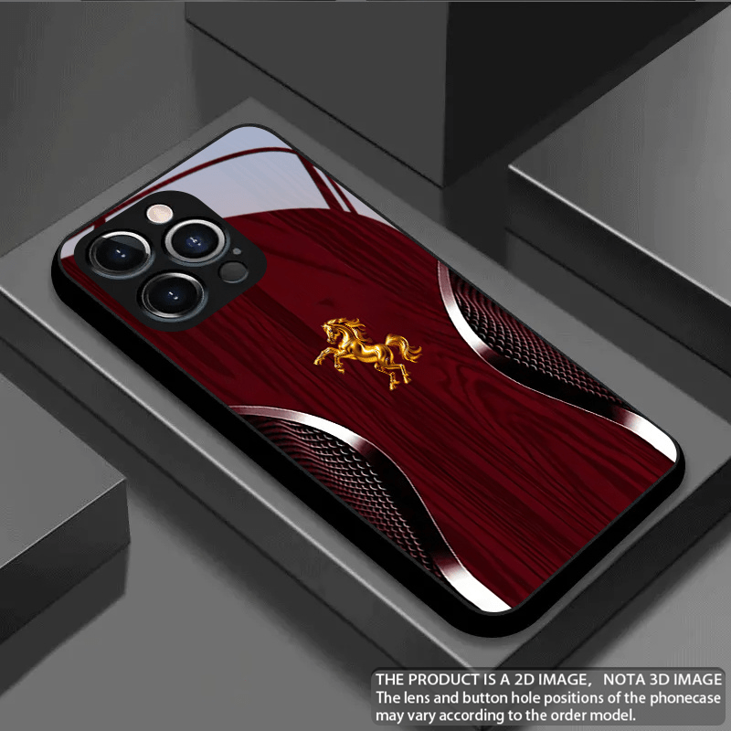 Tempered Glass Phone Case with Red Wood Grain & Golden Horse Design