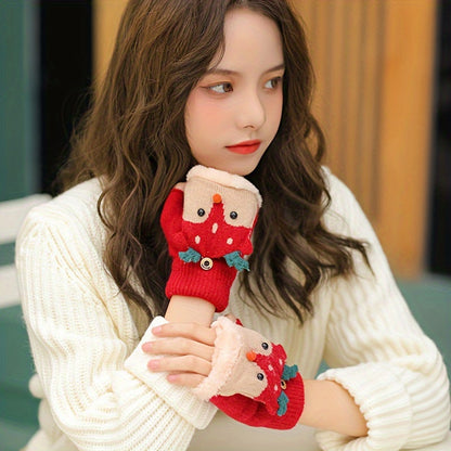 Կանացի Սուրբ Ծննդյան եղջերուի տեսքով շրջվող ձեռնոցներ - հաստ տաք ձմեռային ձեռնոցներ տոնական ձյան փաթիլի և եղջերուի նախշերով, ոչ առաձգական՝ ներսի/դրսի օգտագործման համար, ձեռքով լվացման/քիմմաքրման, տոնական արտաքին հագուստի համար, տաք գործվածք