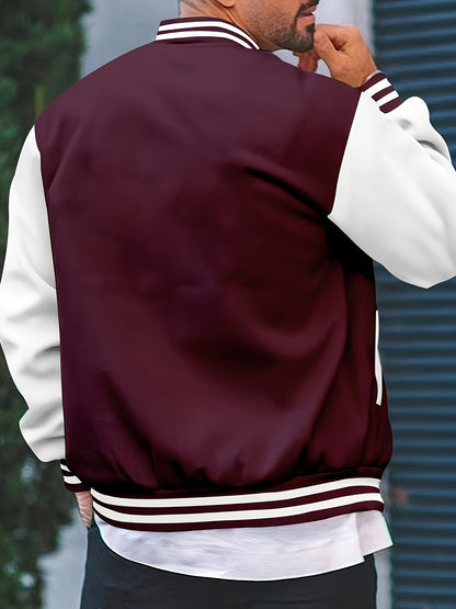 [Bold Design] Men's Stylish Black & White Varsity Jacket - Casual Baseball Coat with Pockets, Button-Up Front, Long Sleeve, Polyester Blend, Perfect for Fall & Winter, Casual Sportswear | Casual Fashion Jacket | Cotton Comfor