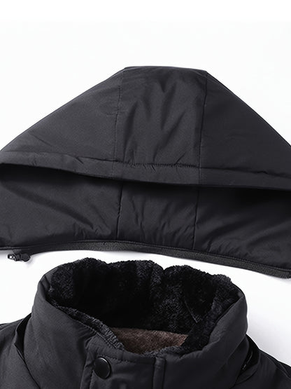 Men's Heavy-Duty Winter Hooded Jacket with Fur-Like Collar & Pockets - Navy Blue/Brown Coat, Golden-Tone Zipper Closure, -Filled Casual Outerwear for Cold Weather (Hand Wash/Dry Clean)