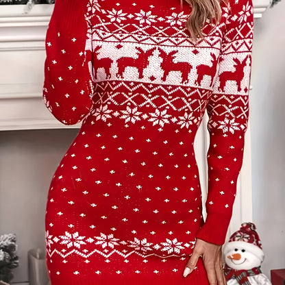 Women'S Christmas Reindeer Print Sweater Dress - Long Sleeve, Round Neck, Ribbed Texture, Green & Holiday Party Outfit, Perfect for Festive Gatherings