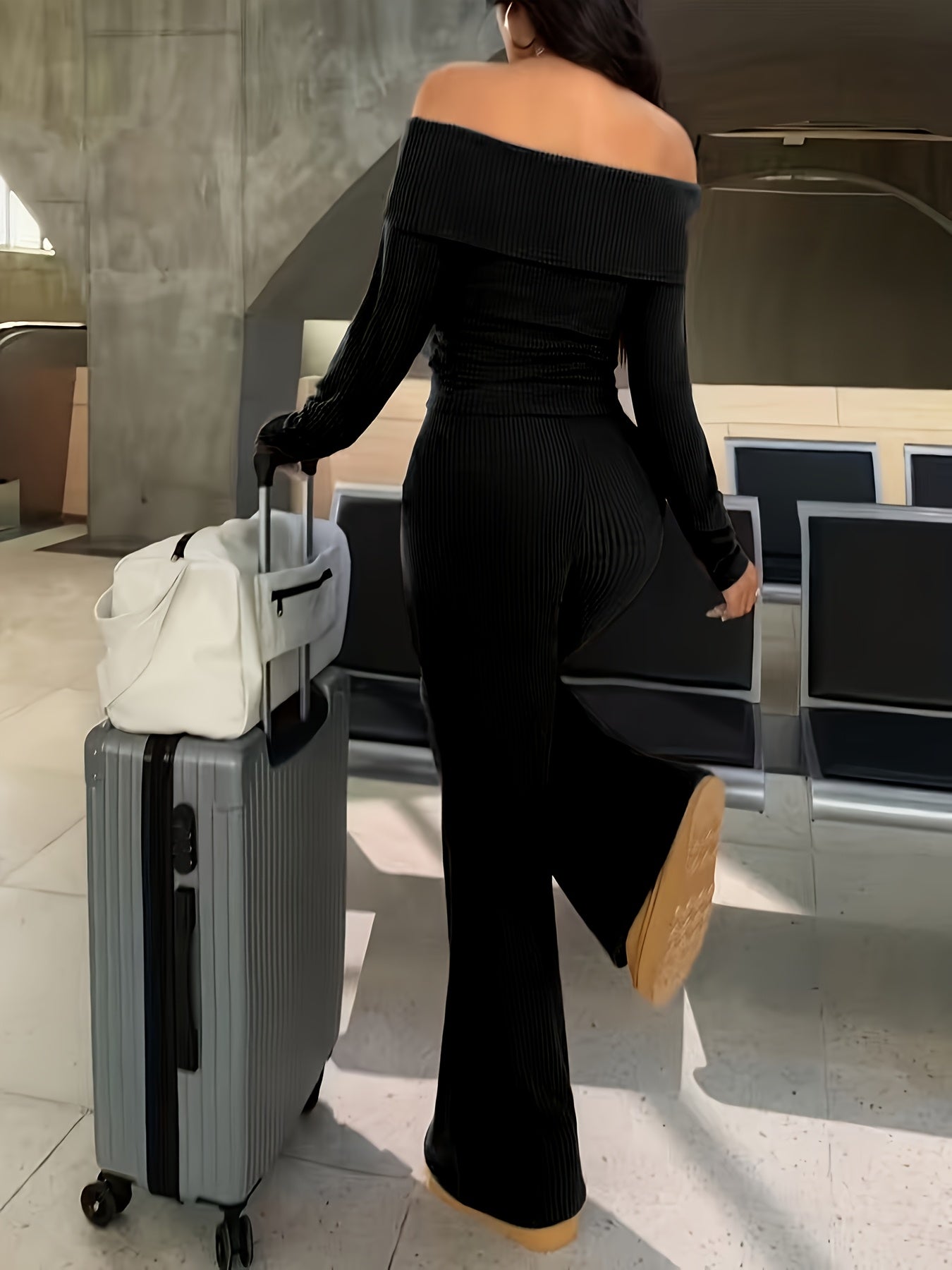 Autumn And Winter Solid Color Two-Piece Set, Sexy Off-The-Shoulder Top + Wide-Leg Flared Pants Suit, Elastic And Soft Ribbed Fabric, Machine Washable