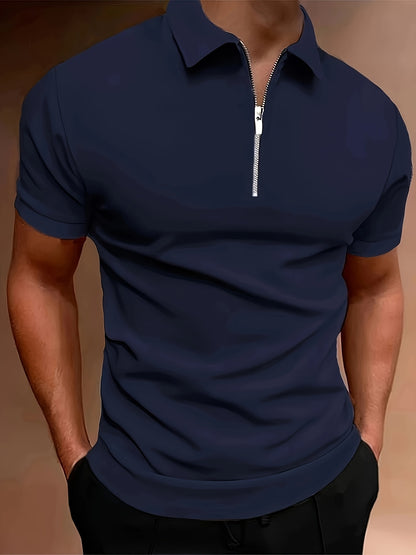 Men's Summer Classic Collar Half-Zip Casual T-Shirt - Solid Black, Breathable Regular Fit Short Sleeve Top for Casual Attire & Semi-Formal Occasions, Semiformal Attire | Halfzip Shirt | Smooth Fabric Finish