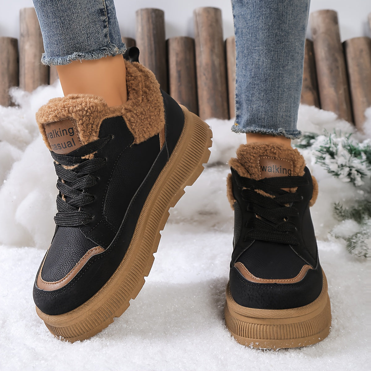 Women'S High-Top Fleece-Lined Thick Sole Height-Increasing Casual Sneakers - Geometric Pattern, Round Toe, Synthetic Cover Upper, Rubber Sole, Warm Winter Shoes for Petite Women, Winter Footwear | Geometric Pattern Shoes | Sy