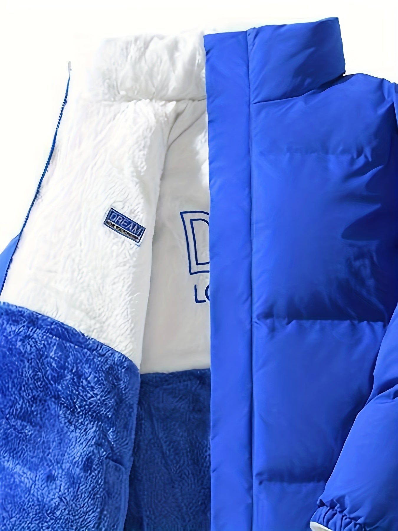 Տղամարդու երկկողմանի բրդյա ծածկույթով հաստ բաճկոն՝ առօրյա կանգնած օձիքով՝ տառերի տպագրությամբ, սովորական չափսերով, գրպաններով, պոլիեսթերային լցոնով, բազմակողմանի աշուն/ձմեռ համար, ձմեռային բաճկոն