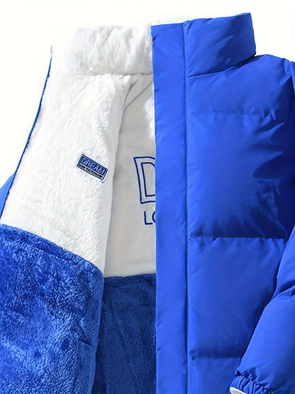 Տղամարդու երկկողմանի բրդյա ծածկույթով հաստ բաճկոն՝ առօրյա կանգնած օձիքով՝ տառերի տպագրությամբ, սովորական չափսերով, գրպաններով, պոլիեսթերային լցոնով, բազմակողմանի աշուն/ձմեռ համար, ձմեռային բաճկոն