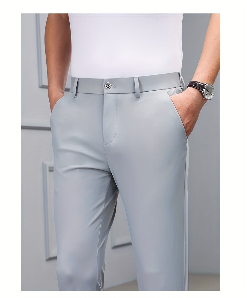 Men's Slim-Fit Stretch Casual Pants with Multiple Pockets - Waterproof, UV Protection, Light Gray, Straight Leg, Nylon Blend for Spring/Fall, Button Closure, Comfortable & Stylish Design, Everyday Comfort Pants | Modern Casua