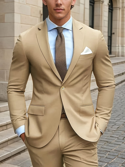 Men's Two-Piece Suit in Solid Color with Sealed Pockets, Regular Fit Suit Trousers, Elegant and Classic, Suitable for Business and Wedding Parties