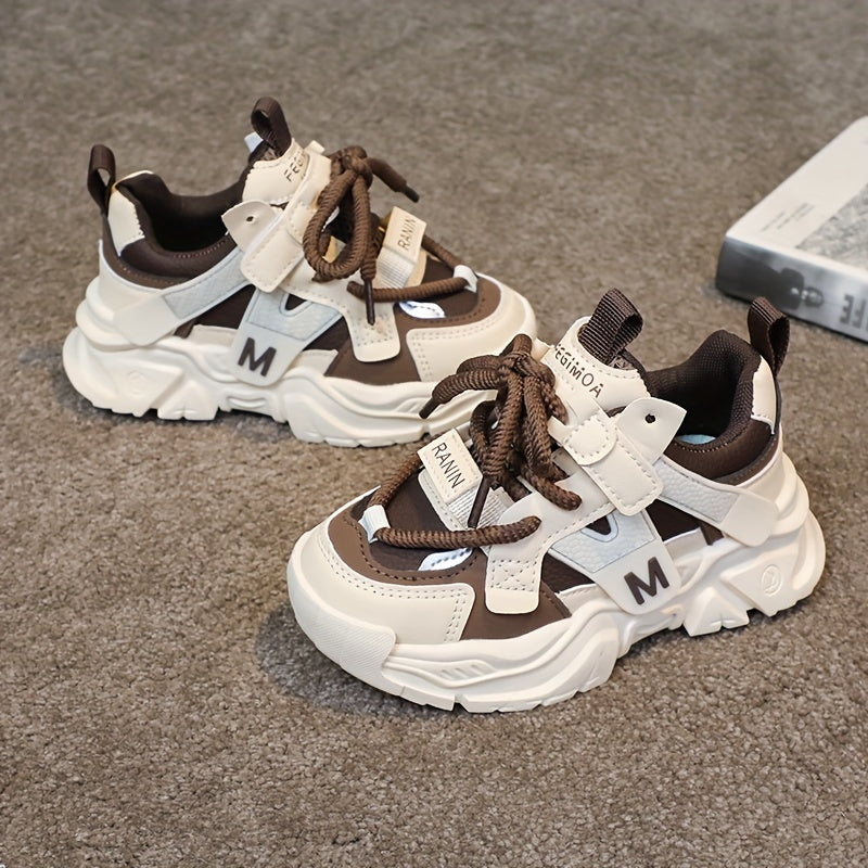 Kids' Chunky Sneakers - Breathable Mesh Running Shoes with Hook-and-loop Fastener Straps, Black & Brown Design for Boys & Girls, Casual & Sporty Style, All-Season Wear, Cute Shoes