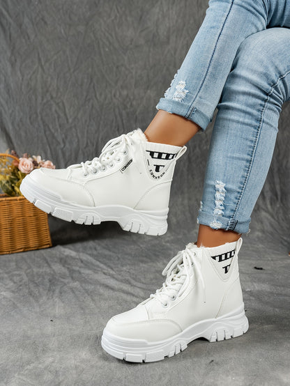 gfhfgjjfg Women's Casual High-Top Platform Ankle Boots with Lace-Up Closure, Thick Rubber Sole & Faux Cover Upper - Winter Warm Round Toe Boots for Casual Attire (Black/White/Beige), Comfortable Footwear, Durable Traction Foo