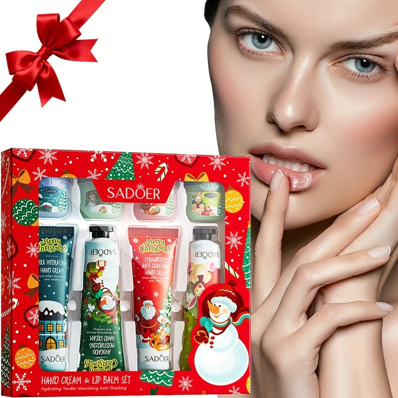 8pcs SADOER Christmas Hand Cream & Lip Balm Gift Set - Moisturizing, Softening, Brightening, and Dry Light Care with Glycerin, Hyaluronic Acid, and Plant-Based Squalane - Ideal for All Light Types, Festive Holiday Packaging,