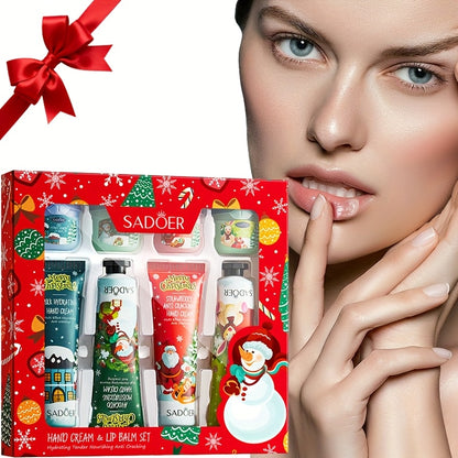 8pcs SADOER Christmas Hand Cream & Lip Balm Gift Set - Moisturizing, Softening, Brightening, and Dry Light Care with Glycerin, Hyaluronic Acid, and Plant-Based Squalane - Ideal for All Light Types, Festive Holiday Packaging,
