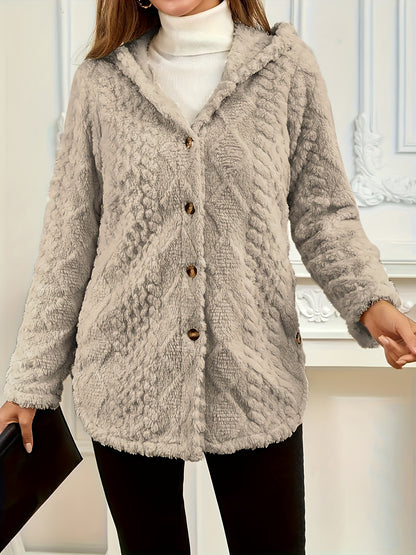 Elegant Pink Faux Fur Coat for Women - Chic Button-Front Hooded Jacket with Sleek Collar, Long Sleeves, and Ribbed Detailing - Perfect for Fall & Winter, Hand or Dry Clean Only