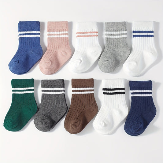 5 Pairs Of Men's And Women's Baby Mid-Calf Socks with Ribbing And Double Bars Sports Socks