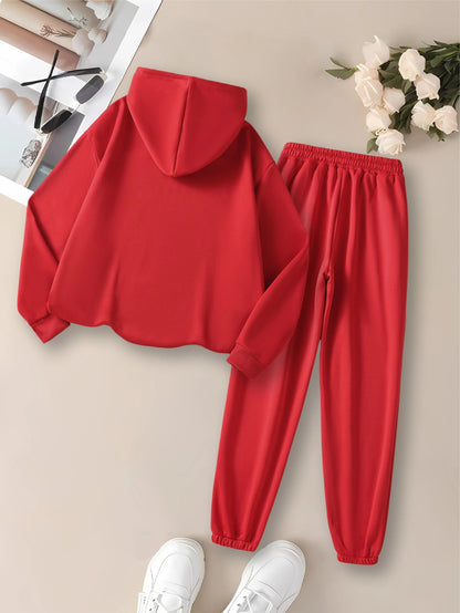 Ladies' Autumn-Winter Casual Hooded Sweatshirt and Pants Set with Shiny Heart Print | Comfortable Fleece-Like Feel, Drawstring Details