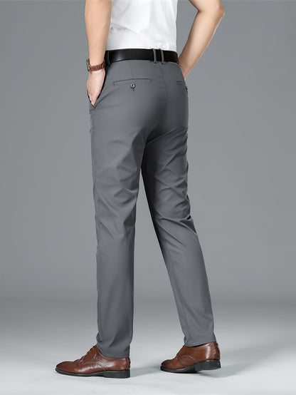 Men's Lightweight Summer Casual Pants, Slim Straight Fit, Polyester, Mid-Rise, Built-in Zipper, Regular Length - Ideal for Casual Attire