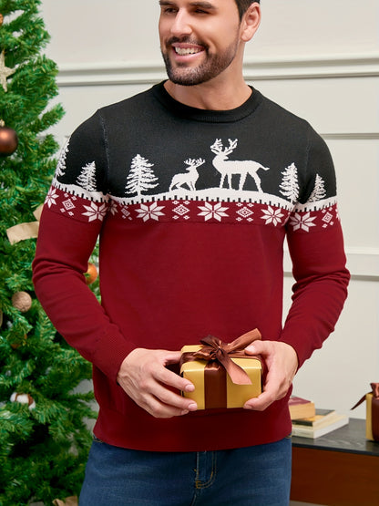 Men's Red/White/Navy Blue Christmas Sweater Sweater Vest-like Long Sleeve Pullover - Reindeer & Pine Tree Pattern, H-Fit Winter Party Outfit, Machine Washable Holiday Sweater for Xmas (No Belt/Tie)