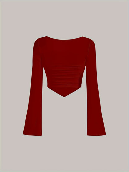 Women'S Elegant Square Neck Solid Color T-Shirt, Polyester Knit Fabric, Short Length, Stretchy Slim Fit, Spring/Fall Fashion Top