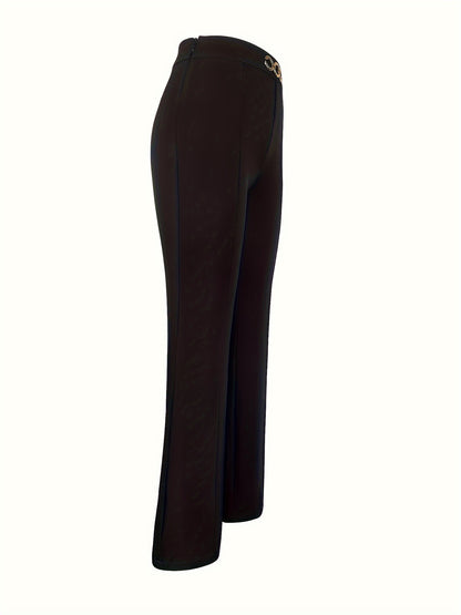Elegant Navy Blue High-Waist Straight Leg Pants with Golden-Tone Metal Button Detail - Versatile & Chic Women's Workwear, 100% Polyester/Spandex Blend, Machine Washable