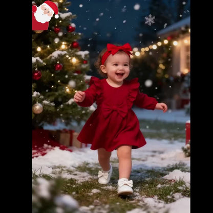 1-18 ամսական աղջիկների կարմիր զգեստ | Սուրբ Ծնունդ, Նոր Տարի, Տոնական և տոնական զգեստ գլխակապով, արքայադստեր ոճով, աշուն-ձմեռ հավաքածու, կլոր վզնոցով, երկար թևքերով, մինչև ծնկները, լայնացված եզրով