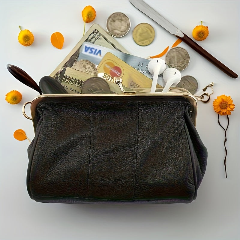 Vintage-Style Genuine Leather Clutch with Golden Metal Frame – Black Mini Wallet for Women, Compact Coin Purse & Key Holder, Elegant Textured Design