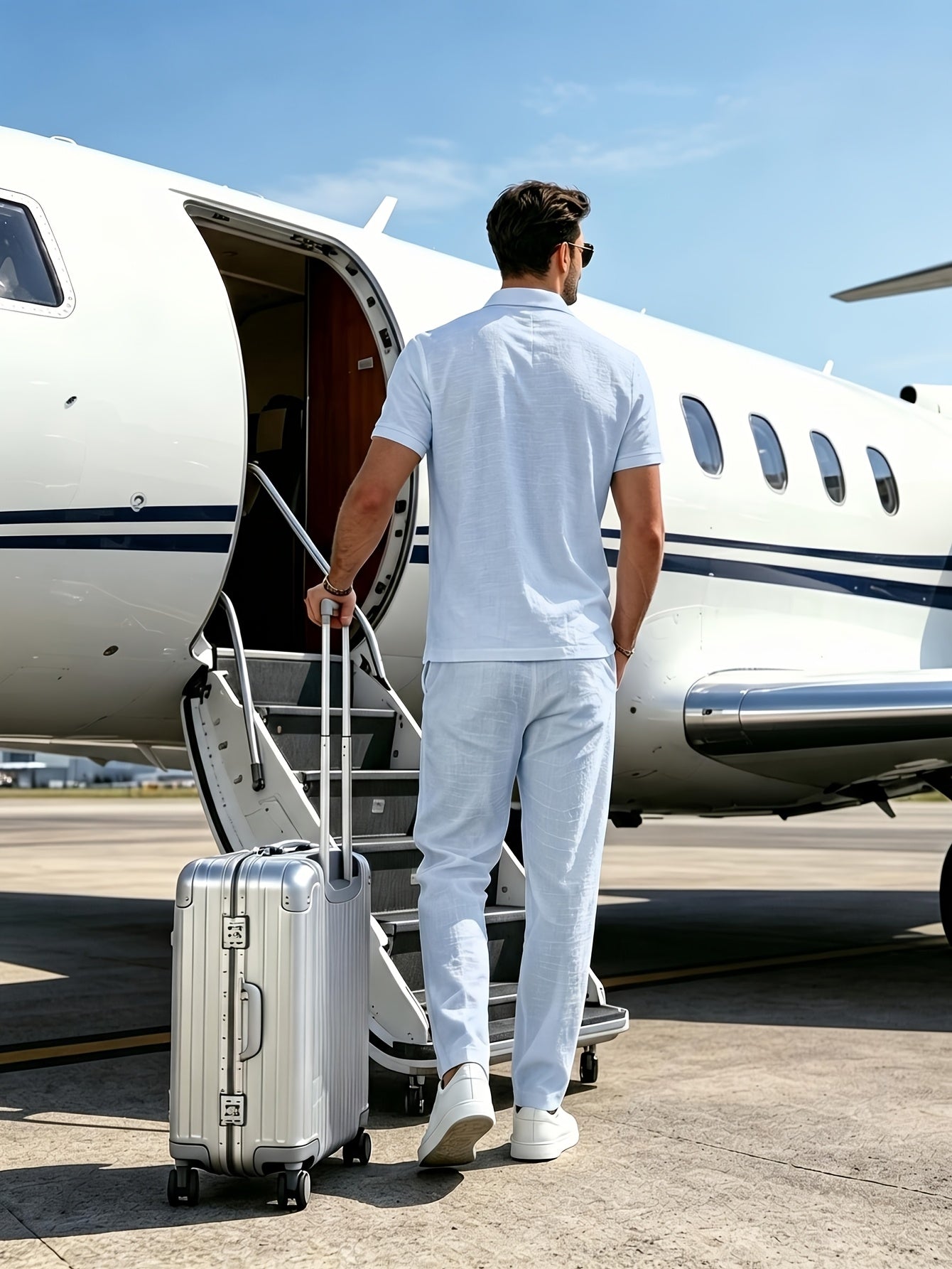 Men's Casual Linen Set Short Sleeve Polo & Long Pants
