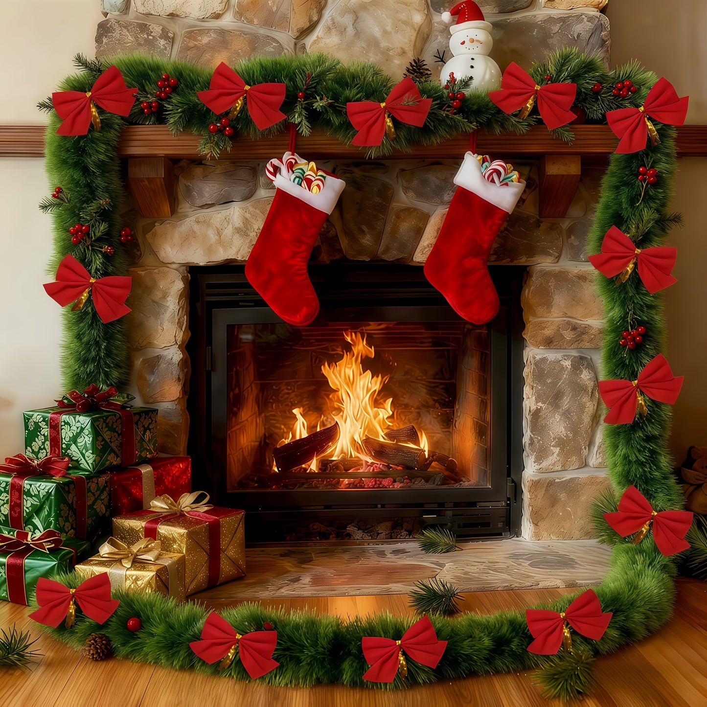 314.96-inch 40pcs Set with Red Bows - Premium Winter Dark Green Christmas Vine Spring Decoration | No Lights - Artificial Plastic Material Metallic Foil Faux Garland Plant | Suitable for Christmas, New Year, Thanksgiving Part