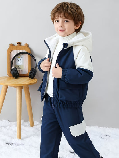 Boys' Casual Fleece-Lined Jacket with Utility Pockets, Open Front Zipper, Matching Single-Pocket Workwear Pants for Autumn/Winter, Perfect for Outdoor Wear, Winter Clothing, Workwear Style, Durable Fabric, Zipup Jacket, Young
