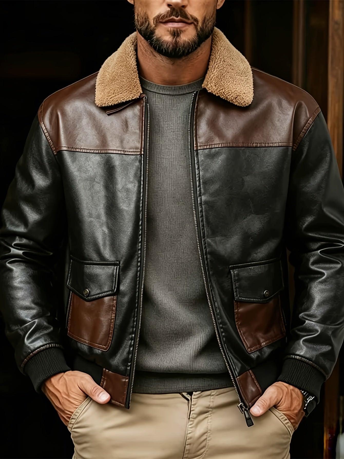 Men's Windproof PU Bomber Jacket, Vintage Style for Autumn/Winter