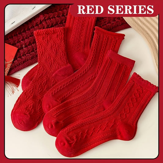 5 Pairs Women'S Red Socks with Intricate Embossed Patterns - Cozy Winter Socks for Fall & Winter, Soft & Durable, Solid Color Design, Perfect for Casual or Holiday Wear, Holiday Socks | Embossed Sock Design | Construction, Cu