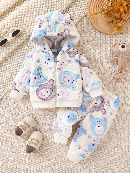 European and American Autumn/Winter Boys' Flannel Fleece-Lined Cute Bear Pattern Beige Zip-Up Hoodie + Fleece-Lined Casual Pants Two-Piece Set, Perfect for Outdoor Wear, Essential Gift, Perfect for Outdoor, Thick