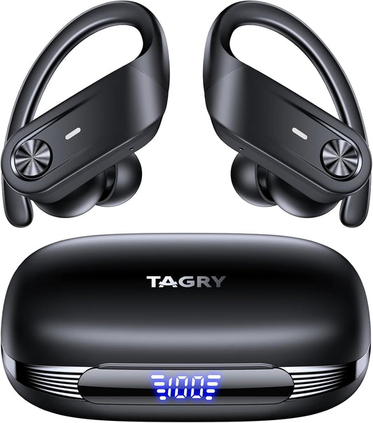 TAGRY Bluetooth Headphones Wireless Earbuds 80Hrs Playtime IPX7 Waterproof Digital Display Sport Ear Buds with Earhook Mic In-Ear Earphones Stereo Sound Earbud for Workout Running Exercise Gym Black