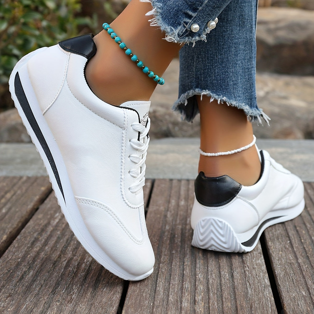 Women's Lightweight Casual Sneakers - White Synthetic Leather, All-Season Comfort, Stability Support, Breathable Fabric Lining, TPR Sole, Perfect for Casual Attire, Cute Shoes