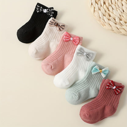 6pcs Princess Bow Ankle Socks for Youngsters and Girls - Cute 3D Bow Decor, Soft Knit, All-Season Wear, Polyester and Elastane Blend, Hand Wash Only, Allseason Footwear|Fashionable Ankle Socks|Polyester Elastane Blend