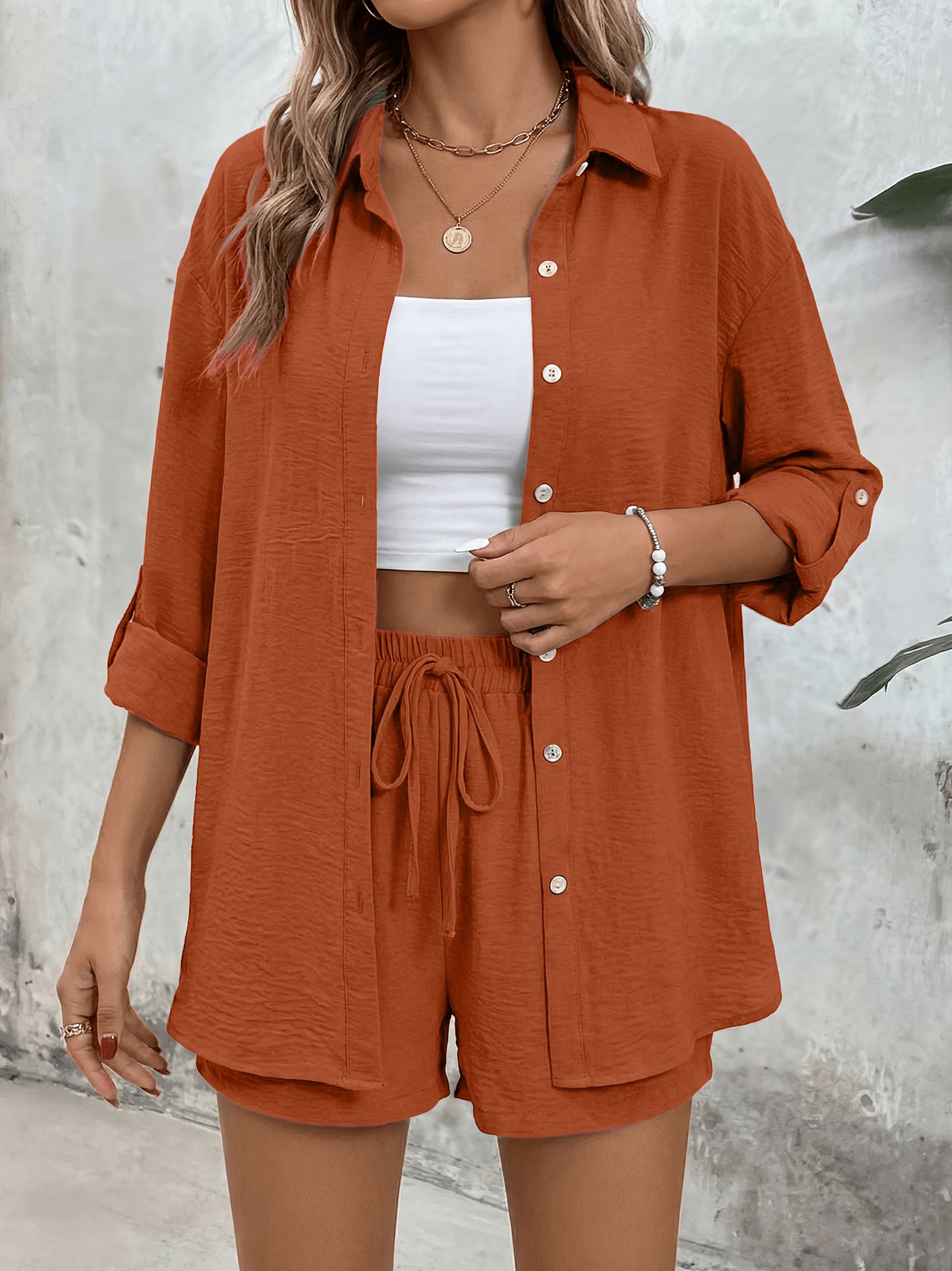 Women's Casual Long-Sleeve Shirt & High-Waist Shorts Set for Spring/Su