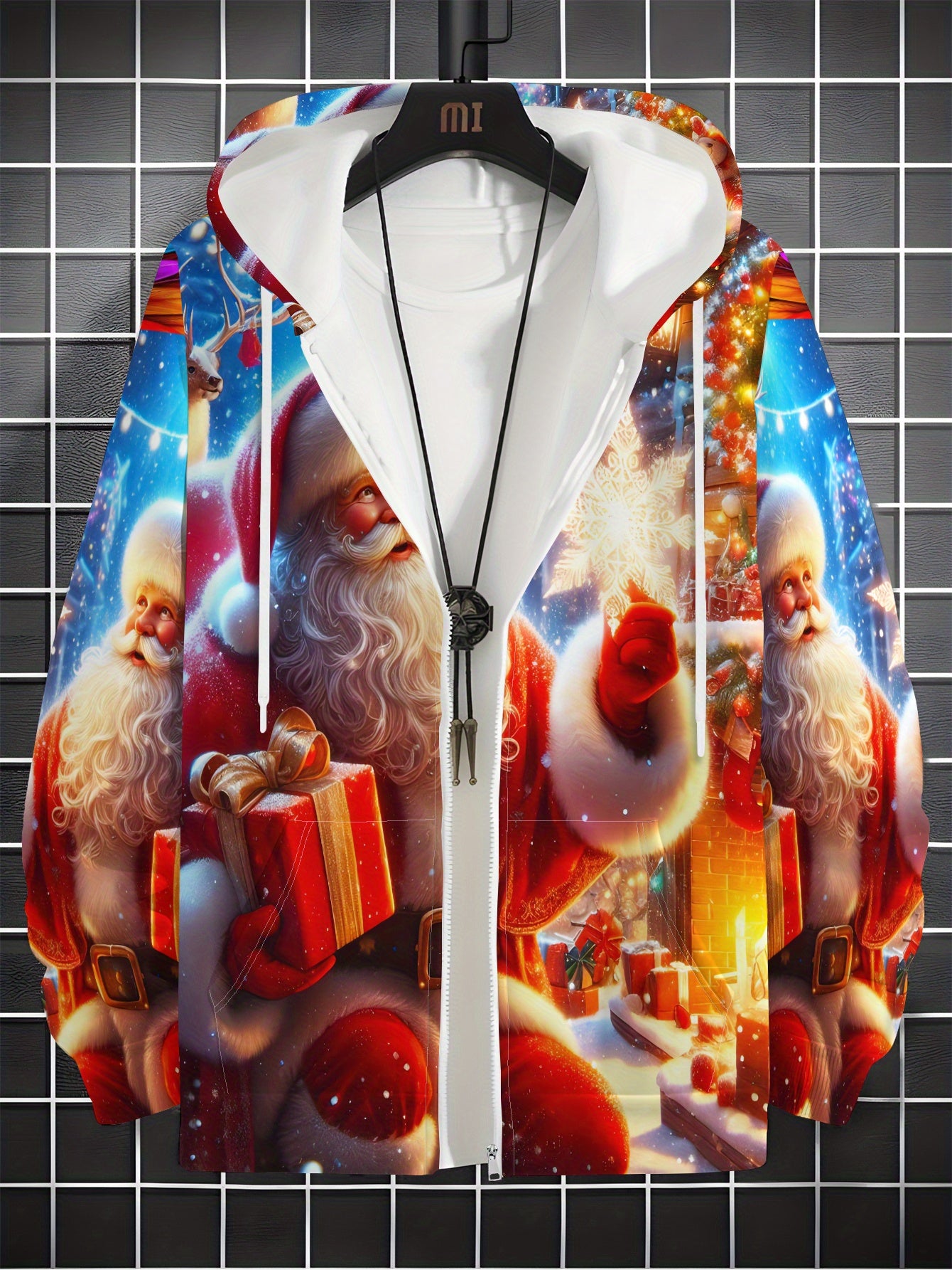 Men's Santa Print Hooded Sweatshirt - Full-Zip Full-Length Zipper Hoodie with Santa Claus & Reindeer/Christmas Tree Patterns, Machine Washable Casual Winter Gym Wear for Christmas Parties, Spring/Fall Outdoor Activities ( Siz